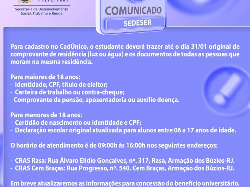 CAD UNICO universitários